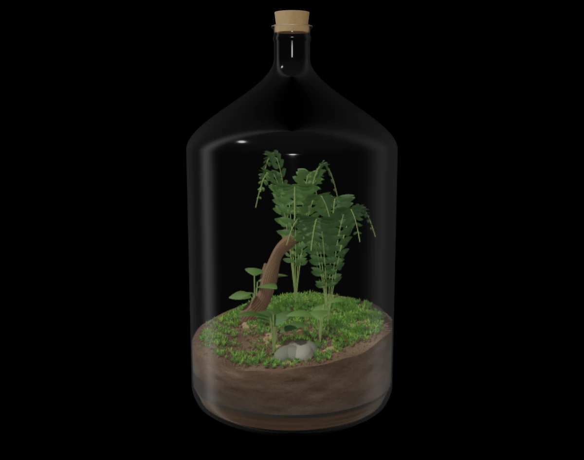 A glass terrarium planted with ferns and moss, from the current development build.